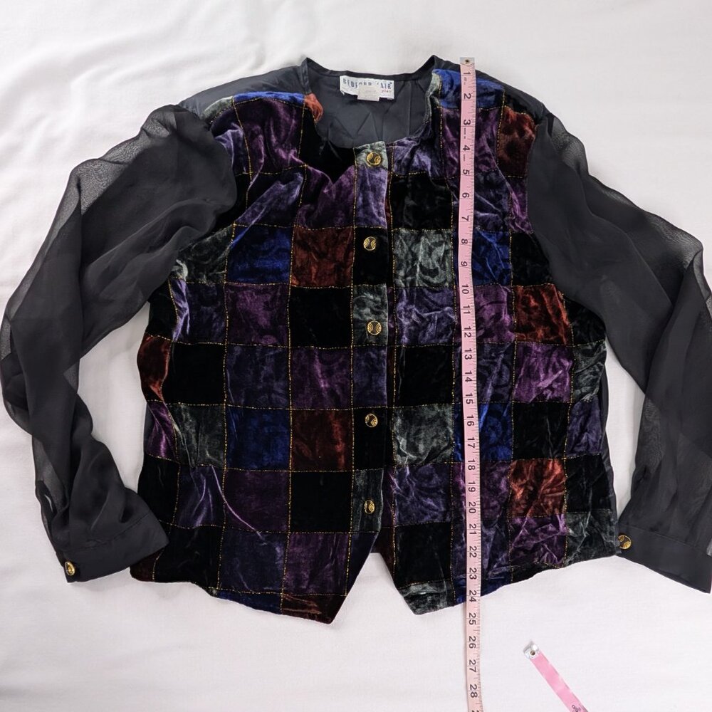 Vtg Patterned Checkered Velvet Button Up Black Sh… - image 4